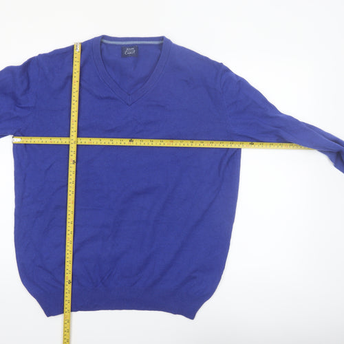 John Cabot Men's Blue Wool V-Neck Jumper Size L