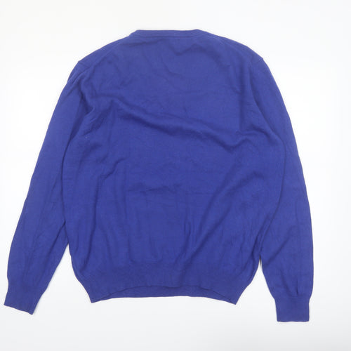 John Cabot Men's Blue Wool V-Neck Jumper Size L