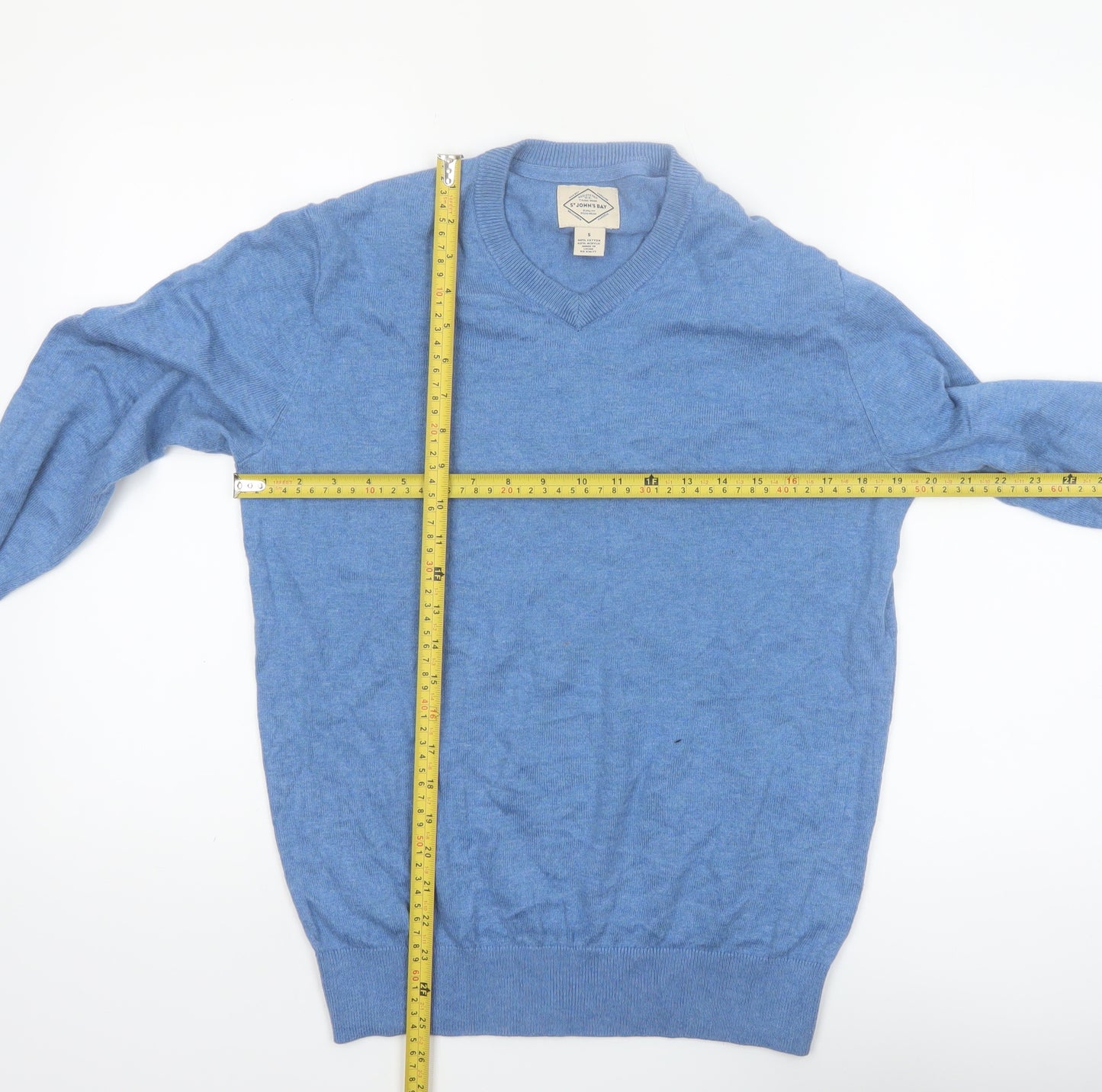 St John's Bay Men's Blue V-Neck Cotton Blend Jumper Size S