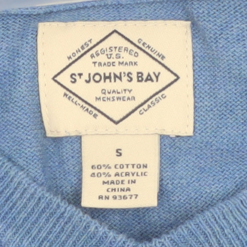 St John's Bay Men's Blue V-Neck Cotton Blend Jumper Size S