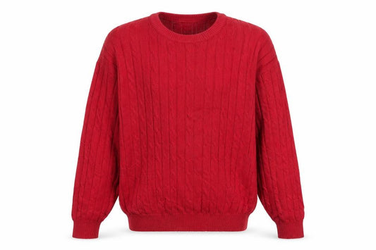 Front view of Olde English Lane Men's Red Cotton Cable-Knit Jumper M