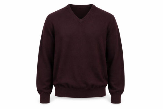 Front view of Gazman men’s brown wool v-neck jumper, size L, classic fit
