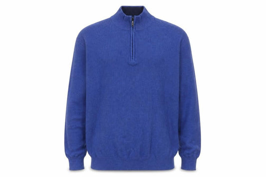 Front view of Vedoneire men’s blue cotton half zip jumper l high neck classic