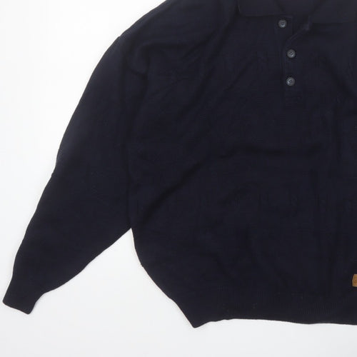 Y.G. Men's Blue Collared Henley Knit Jumper XL Classic Style