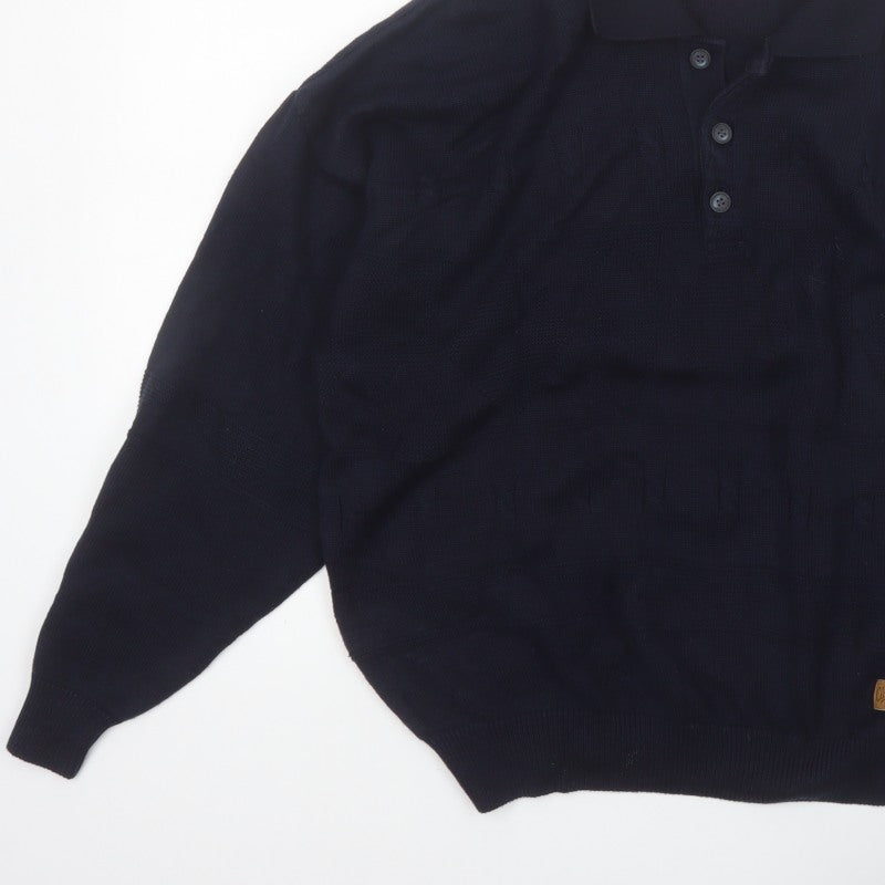 Y.G. Men's Blue Collared Henley Knit Jumper XL Classic Style