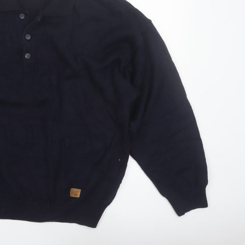 Y.G. Men's Blue Collared Henley Knit Jumper XL Classic Style