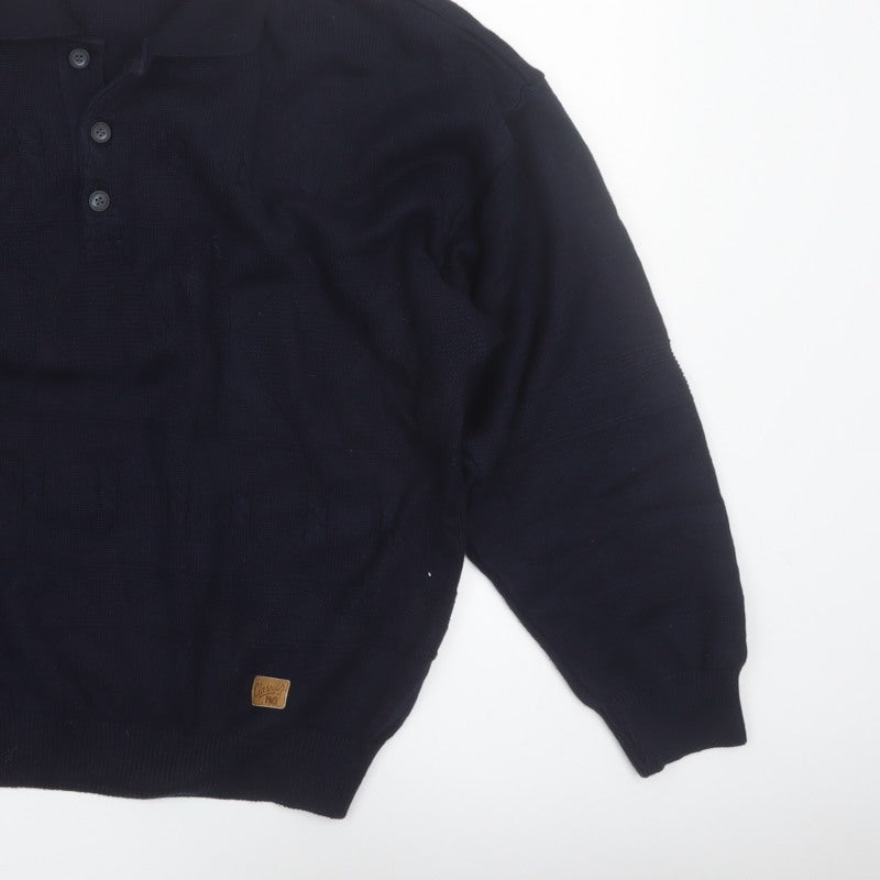 Y.G. Men's Blue Collared Henley Knit Jumper XL Classic Style