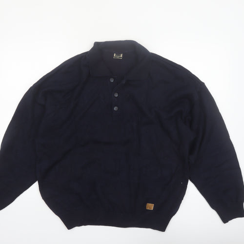 Y.G. Men's Blue Collared Henley Knit Jumper XL Classic Style