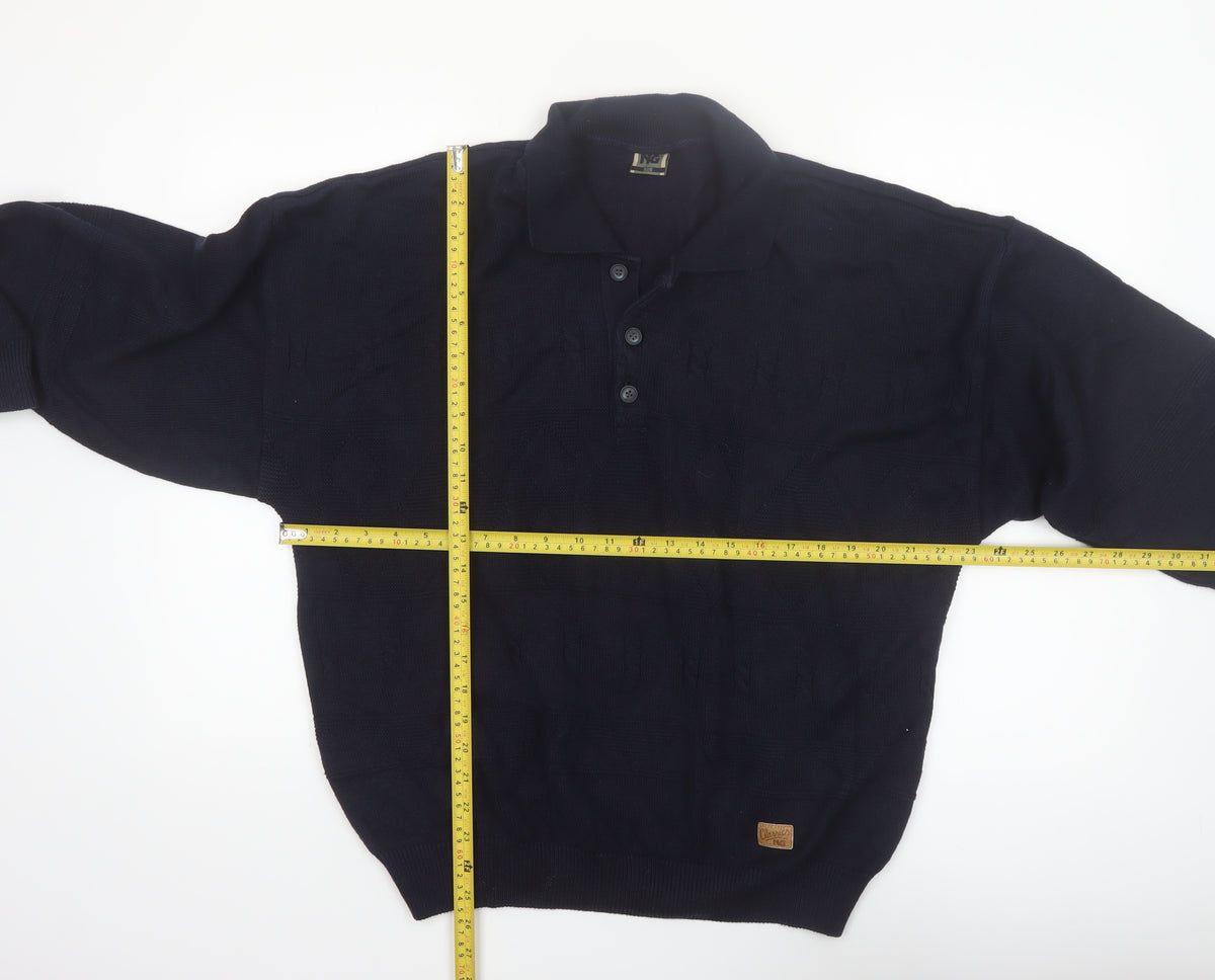 Y.G. Men's Blue Collared Henley Knit Jumper XL Classic Style