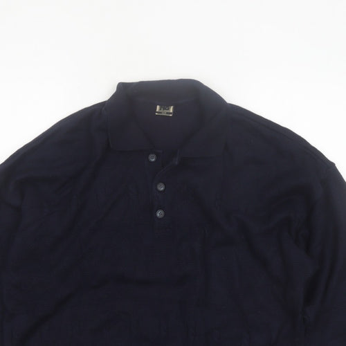 Y.G. Men's Blue Collared Henley Knit Jumper XL Classic Style