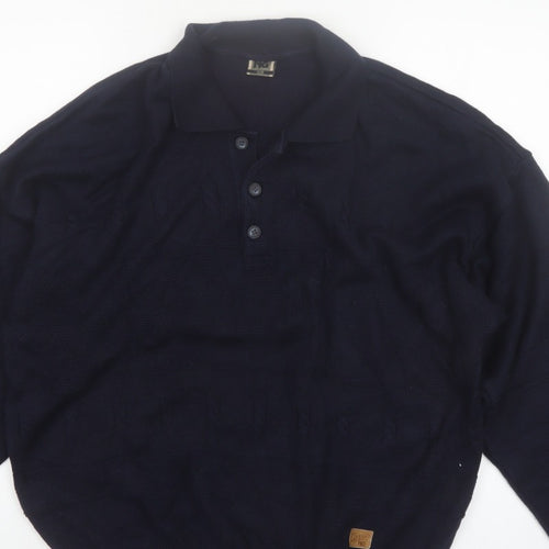 Y.G. Men's Blue Collared Henley Knit Jumper XL Classic Style