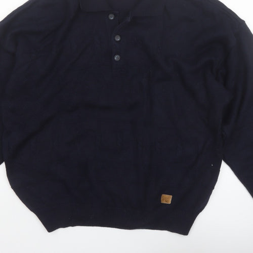 Y.G. Men's Blue Collared Henley Knit Jumper XL Classic Style