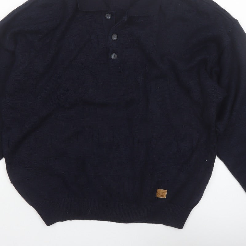 Y.G. Men's Blue Collared Henley Knit Jumper XL Classic Style