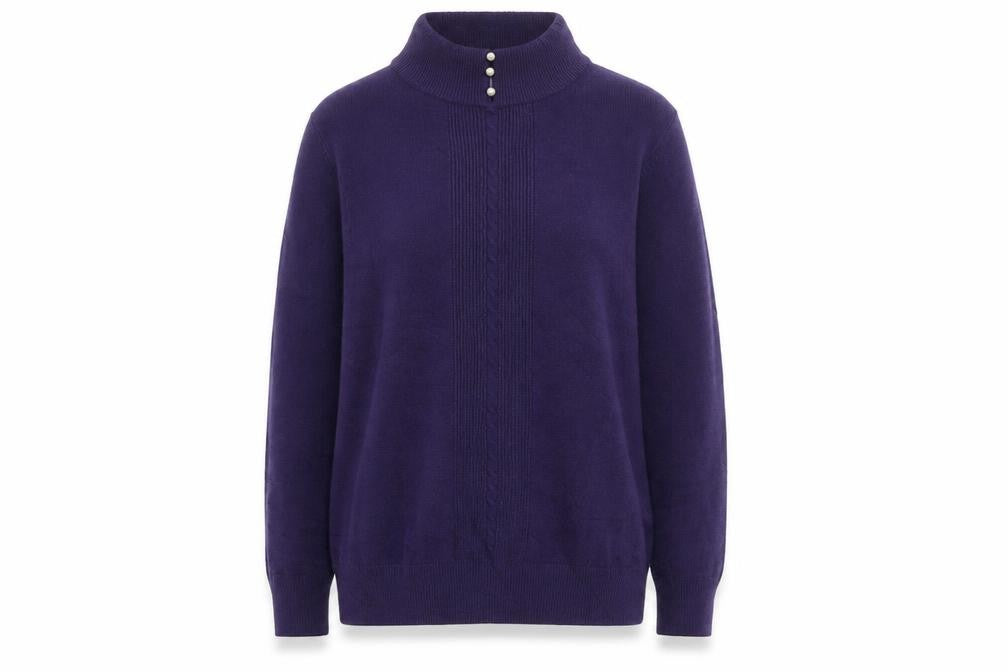 Front view of H.E.R women’s purple mock neck cable knit acrylic jumper, size S