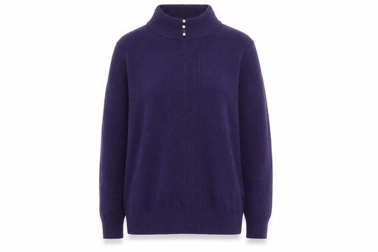 Front view of H.E.R women’s purple mock neck cable knit acrylic jumper, size S
