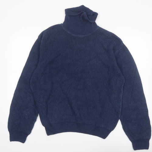 Orvis Men's Blue Roll Neck Cotton Jumper Size L Classic Knit Pullover