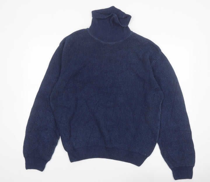 Orvis Men's Blue Roll Neck Cotton Jumper Size L Classic Knit Pullover