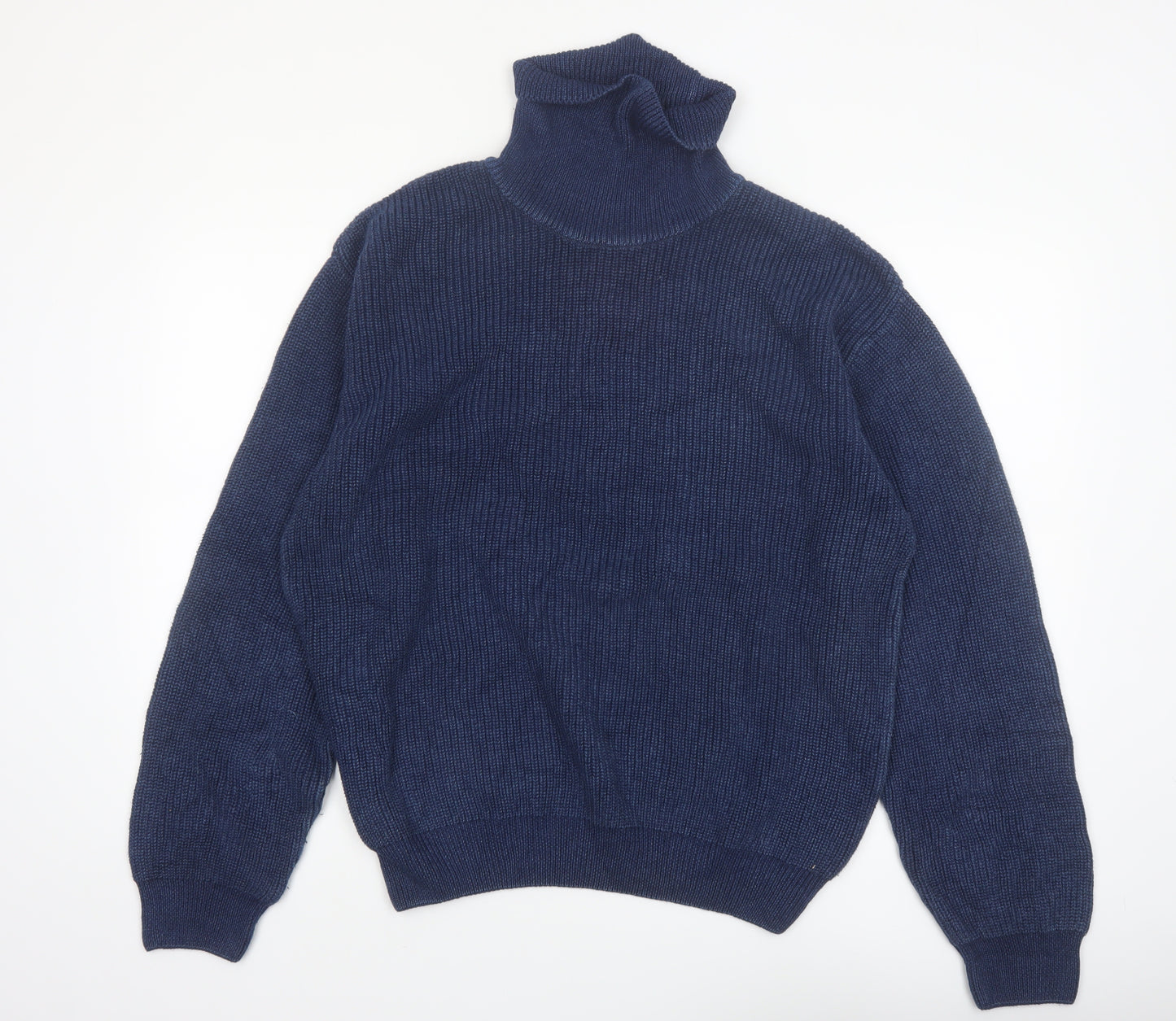 Orvis Men's Blue Roll Neck Cotton Jumper Size L Classic Knit Pullover