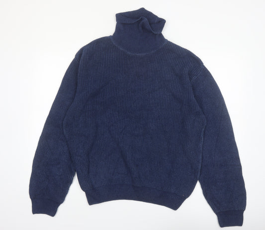 Orvis Men's Blue Roll Neck Cotton Jumper Size L Classic Knit Pullover
