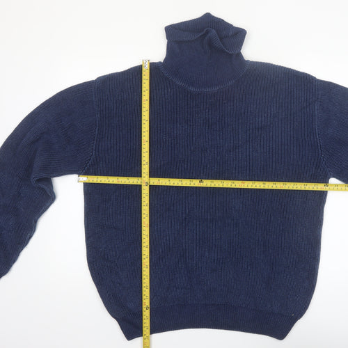 Orvis Men's Blue Roll Neck Cotton Jumper Size L Classic Knit Pullover