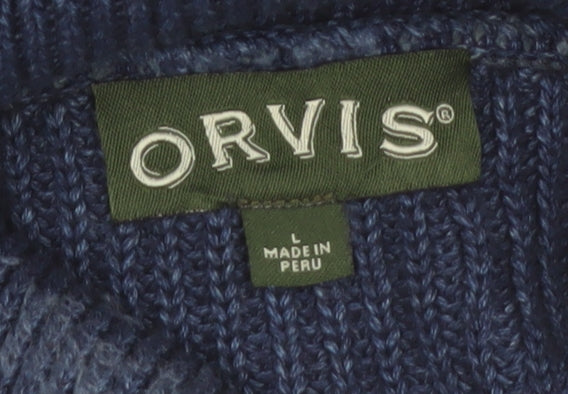 Orvis Men's Blue Roll Neck Cotton Jumper Size L Classic Knit Pullover