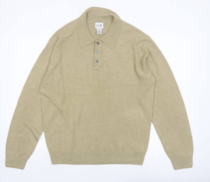 Geoffrey Beene Men's Beige Acrylic Collared Henley Jumper Size L