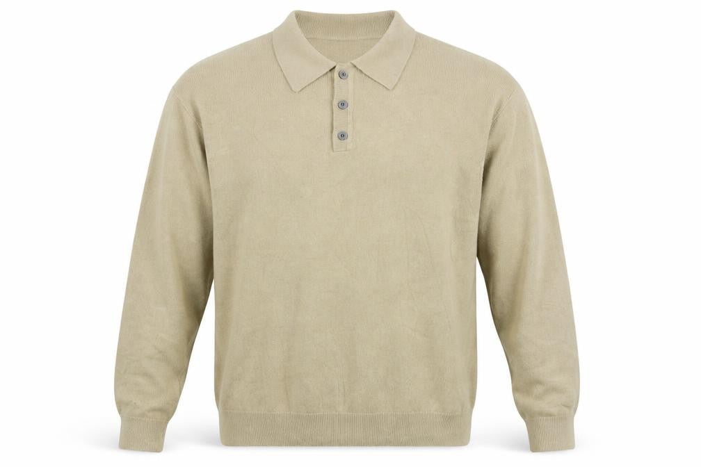 Front view of Geoffrey Beene Men's Beige Acrylic Collared Henley Jumper, size L