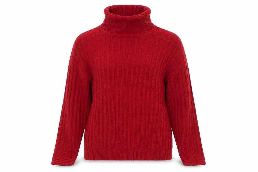 Front view of Orvis Women’s Red Roll Neck Cable-Knit Wool jumper, size L