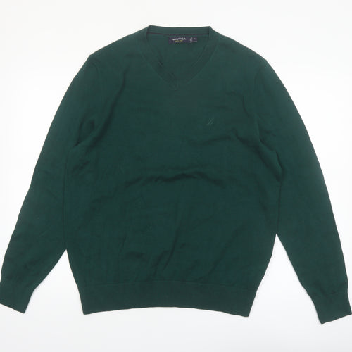Nautica Men’s Green Cotton V-Neck Jumper Size M Classic Knit