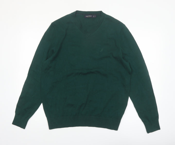 Nautica Men’s Green Cotton V-Neck Jumper Size M Classic Knit