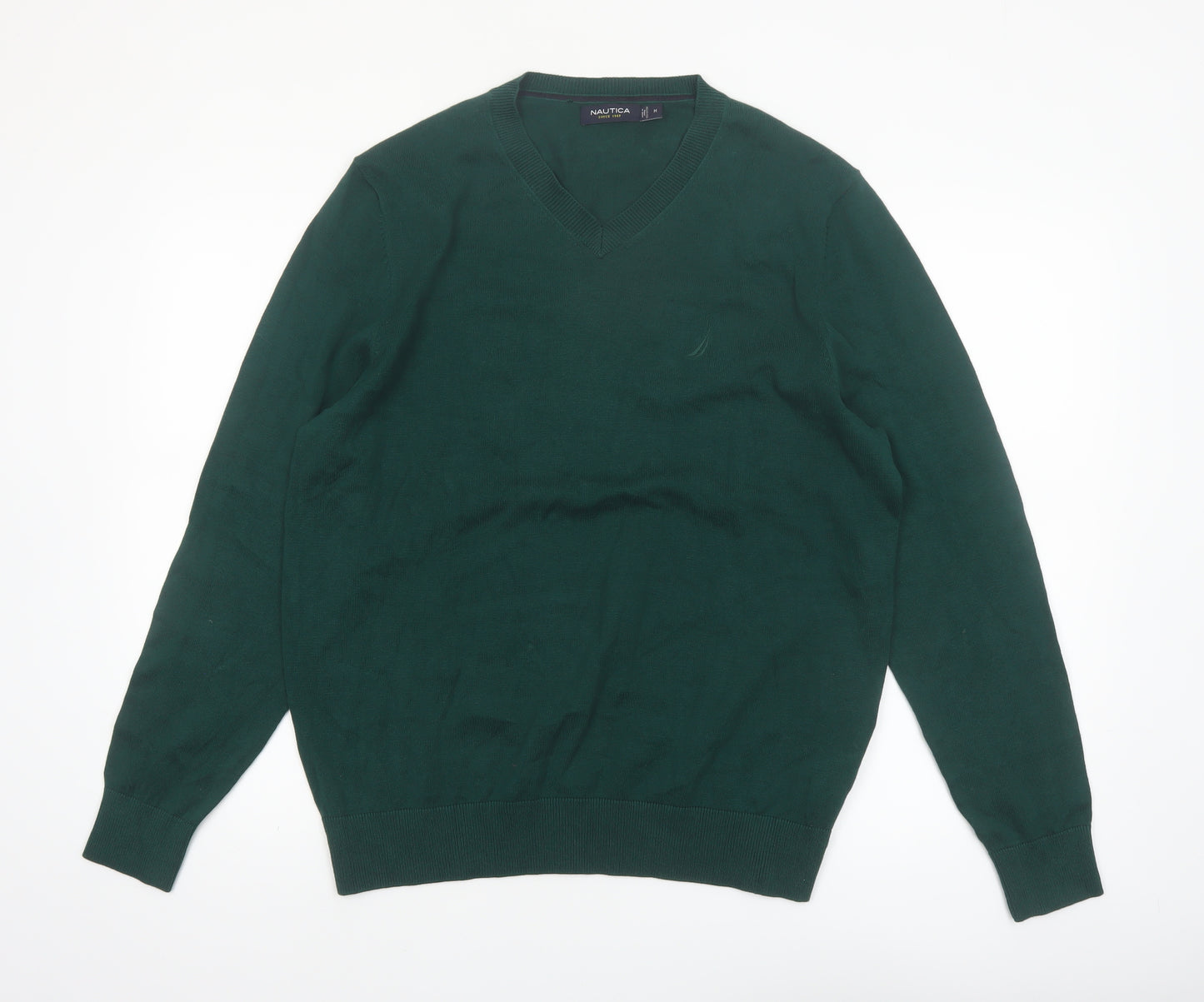 Nautica Men’s Green Cotton V-Neck Jumper Size M Classic Knit