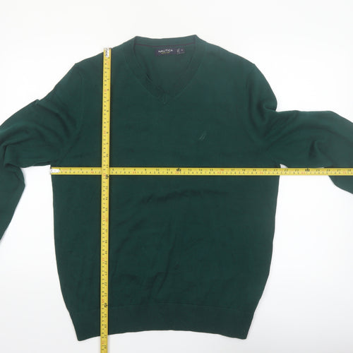 Nautica Men’s Green Cotton V-Neck Jumper Size M Classic Knit