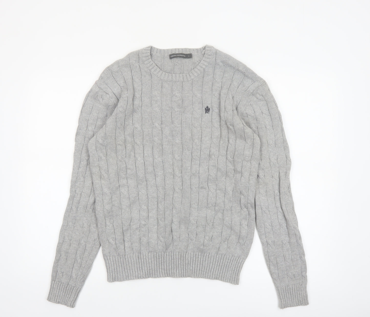French Connection Men’s Grey Cable-Knit Cotton Jumper L