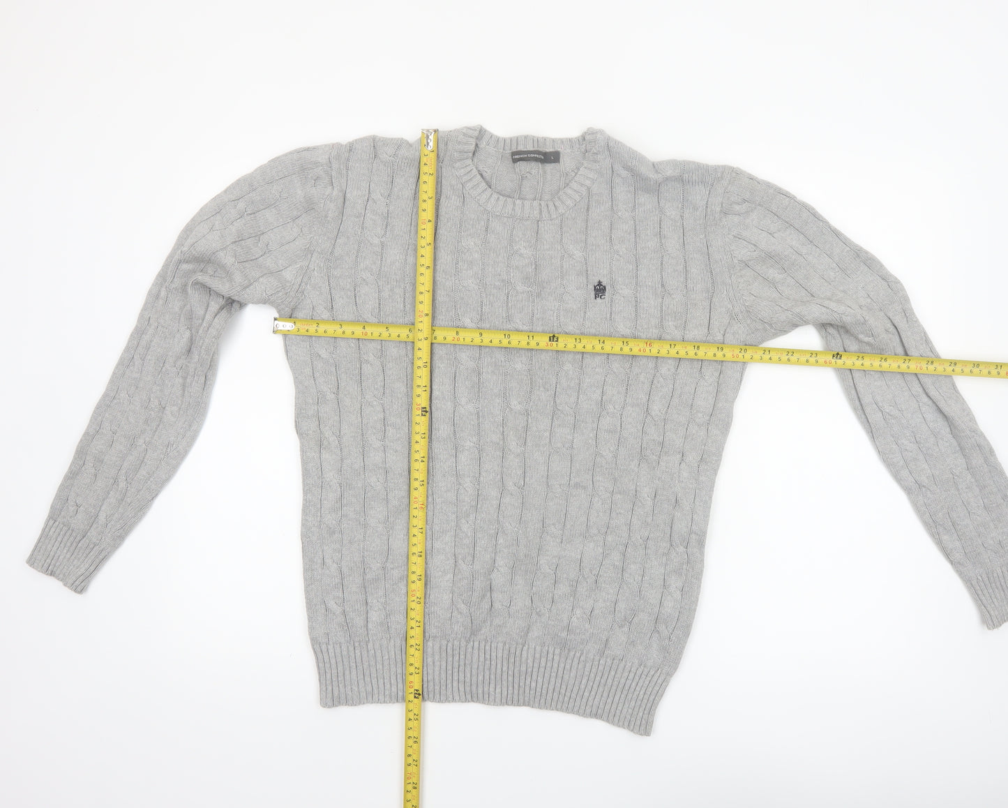 French Connection Men’s Grey Cable-Knit Cotton Jumper L