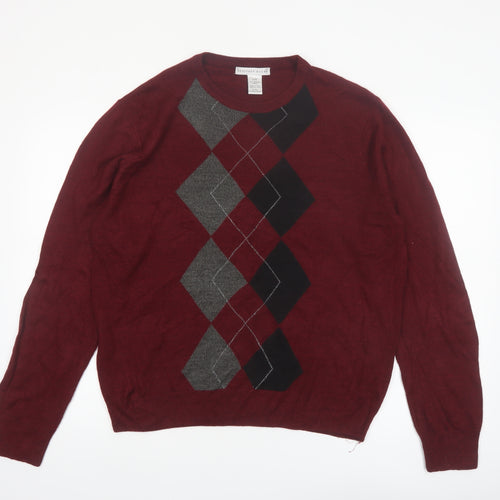 Geoffrey Beene Men's Burgundy Argyle Crew Neck Acrylic Jumper L