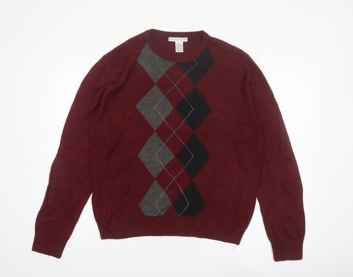 Geoffrey Beene Men's Burgundy Argyle Crew Neck Acrylic Jumper L