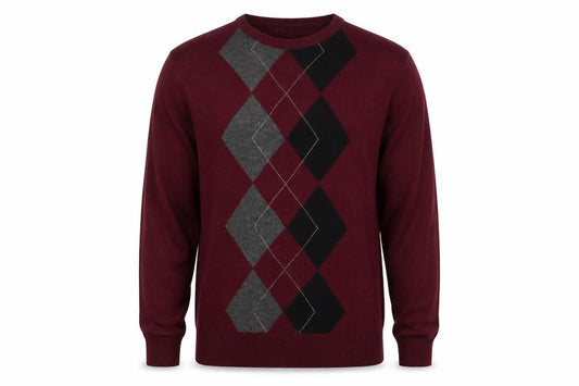 Front view of Geoffrey Beene Men's Burgundy Argyle Crew Neck Acrylic Jumper L