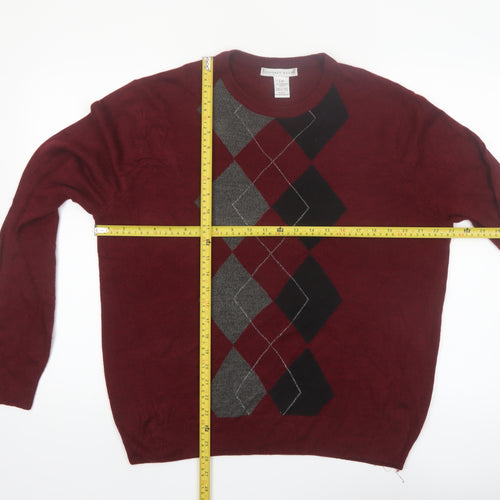 Geoffrey Beene Men's Burgundy Argyle Crew Neck Acrylic Jumper L