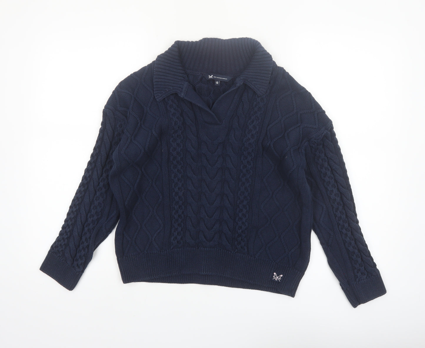 Crew Clothing Company Women’s Blue Cotton Collared Cable Knit Jumper Size 12