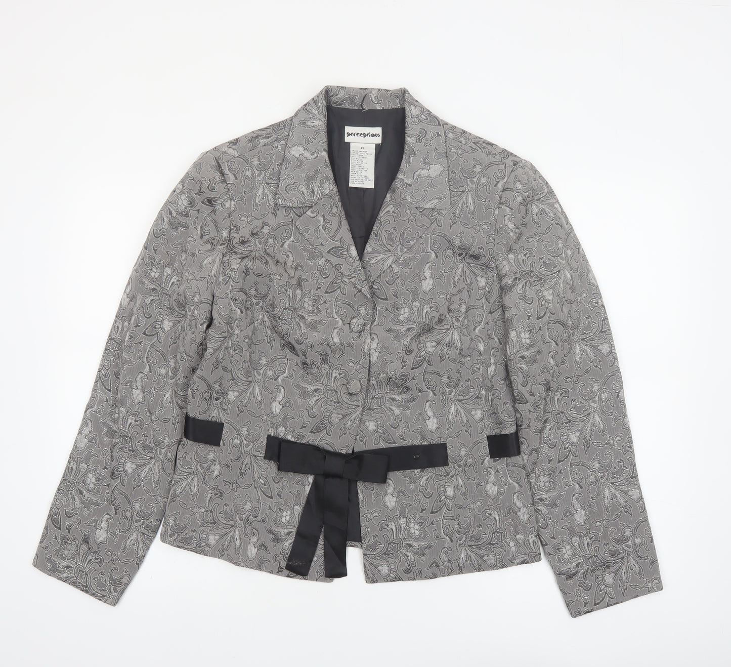 Perceptions Women Grey Floral Two-Piece Blazer Suit Jacket Size 12