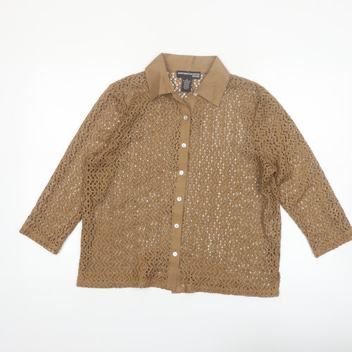 Norton McNaughton Women Brown Crochet Button-Up Petite L 3/4 Sleeve Blouse