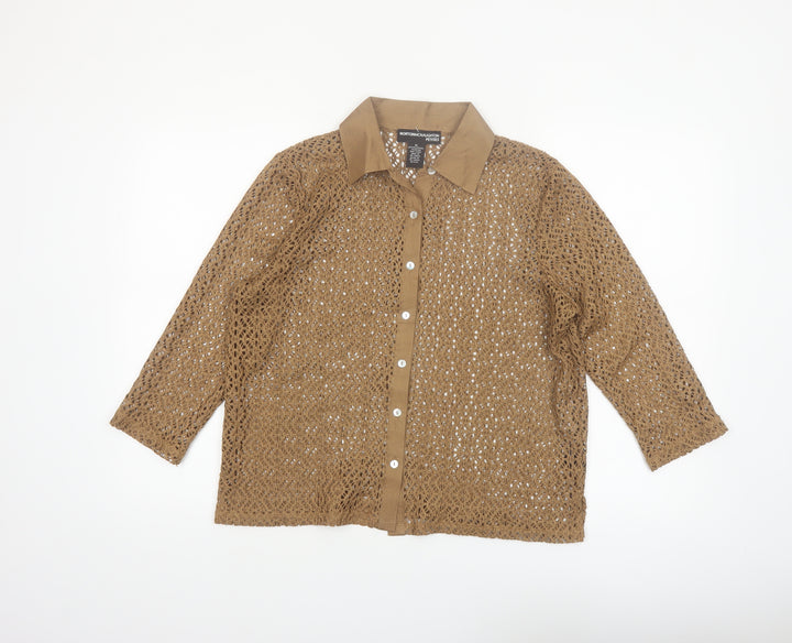 Norton McNaughton Women Brown Crochet Button-Up Petite L 3/4 Sleeve Blouse