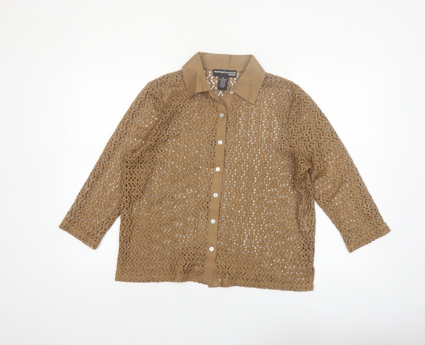 Norton McNaughton Women Brown Crochet Button-Up Petite L 3/4 Sleeve Blouse