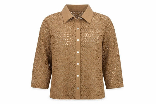 Front view of Norton McNaughton Women Brown Crochet Button-Up Petite L 3/4 Sleeve Blouse