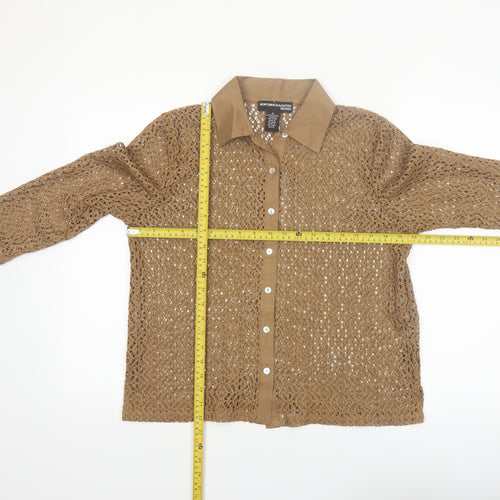 Norton McNaughton Women Brown Crochet Button-Up Petite L 3/4 Sleeve Blouse