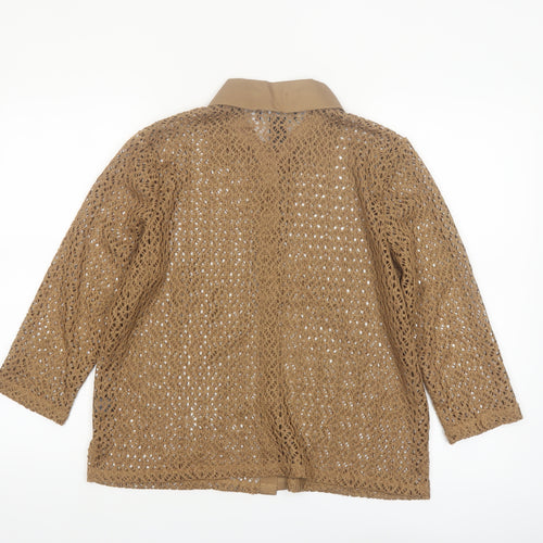 Norton McNaughton Women Brown Crochet Button-Up Petite L 3/4 Sleeve Blouse