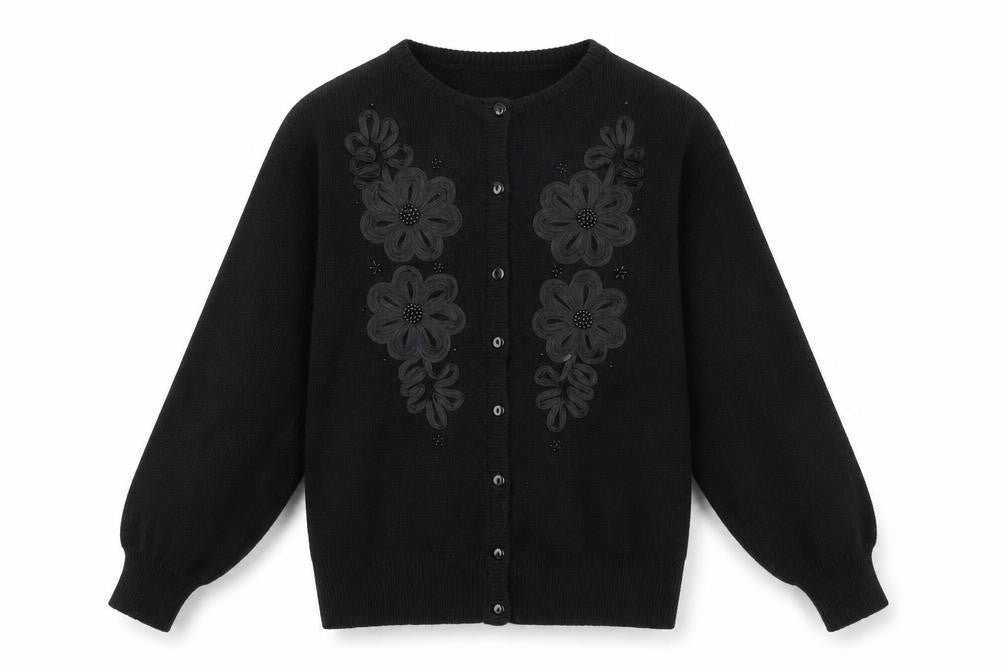 Front view of Imperial Classics Women's Black Floral Embroidered Cardigan S