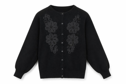 Front view of Imperial Classics Women's Black Floral Embroidered Cardigan S