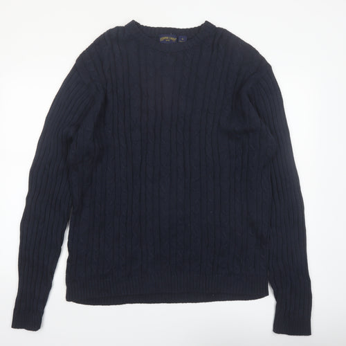 Shaver Lake Mens Blue XL Cotton Cable Knit Crew Neck Jumper