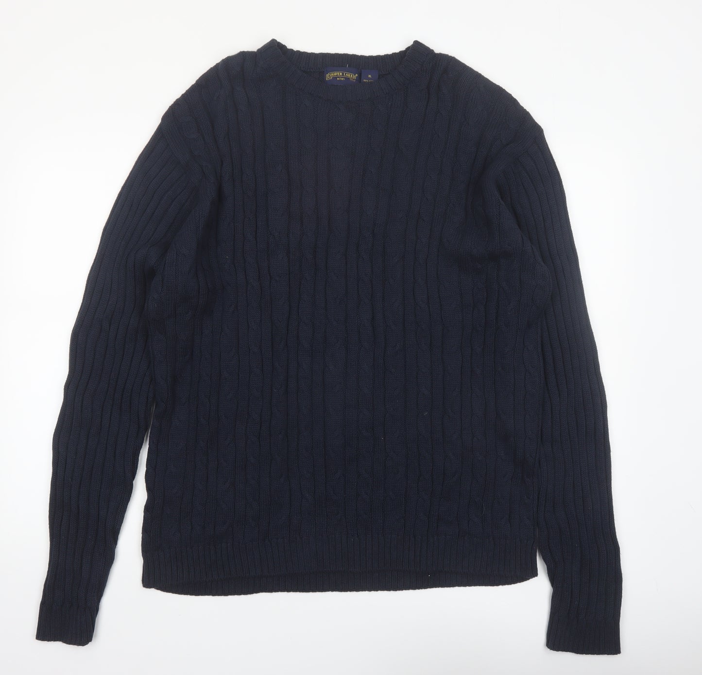 Shaver Lake Mens Blue XL Cotton Cable Knit Crew Neck Jumper